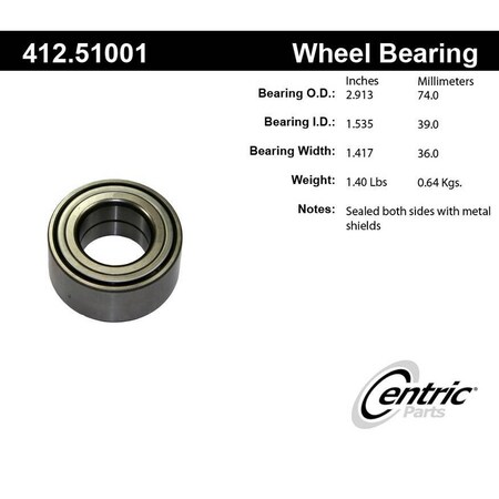 Centric Parts Standard Double Row Wheel Bearing, 412.51001E 412.51001E